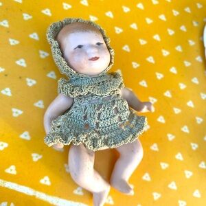 Miniature Antique German Bisque Baby Doll in Crocheted Dress